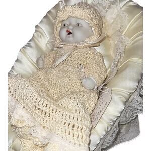 6" Old Antique #9 Baby Bisque Jointed Doll in Beautiful Crocheted With Nice Bed